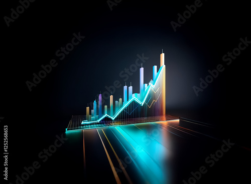 Wallpaper Mural Neon bar chart with vibrant colors shows an upward trend against a dark backdrop.  Illuminated bars and lines suggest growth and positive progress in a modern, digital style. Torontodigital.ca