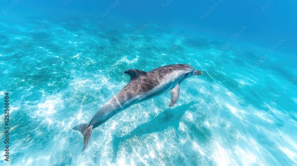 Obraz premium Dolphin swimming underwater in turquoise water (1)