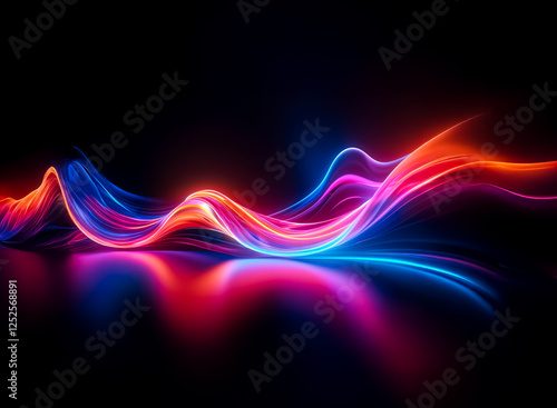 Vibrant, glowing waves of red, orange, blue, and pink light undulate across a dark background. The luminous lines reflect below, creating a dynamic, flowing effect.