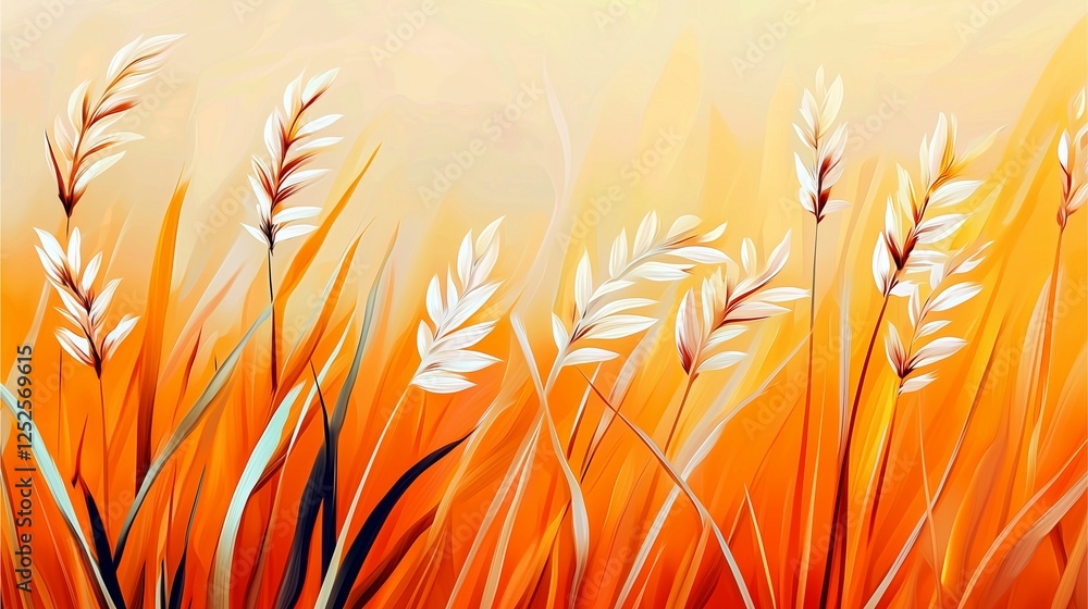A vibrant abstract painting featuring white grass-like elements against a warm orange background, conveying a sense of tranquility and nature. A vibrant abstract painting featuring white grass-like elements against a warm orange background, conveying a sense of tranquility and nature.