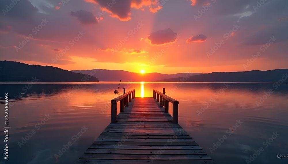 Fototapeta premium Sunset Over the lake and wooden old pier,