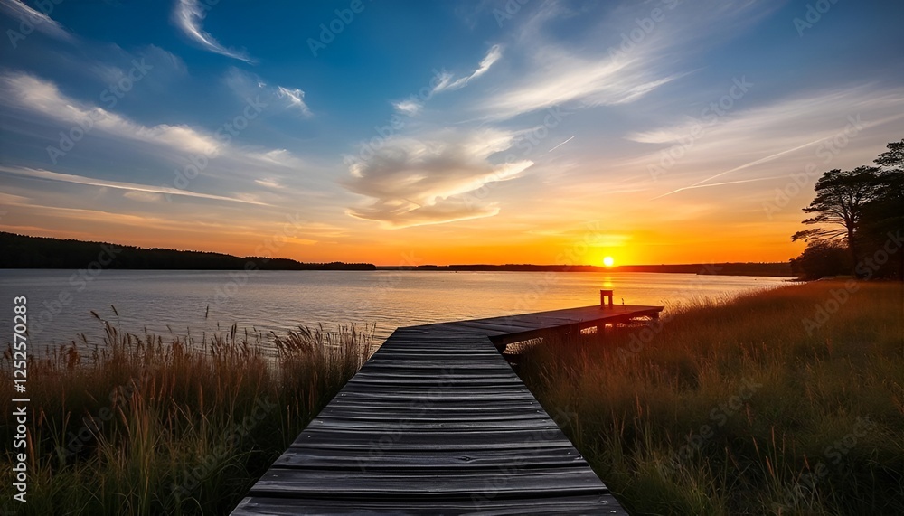 Fototapeta premium Sunset Over the lake and wooden old pier,