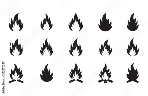 Burning fire flames icons bundle in different shapes for heat illustration
