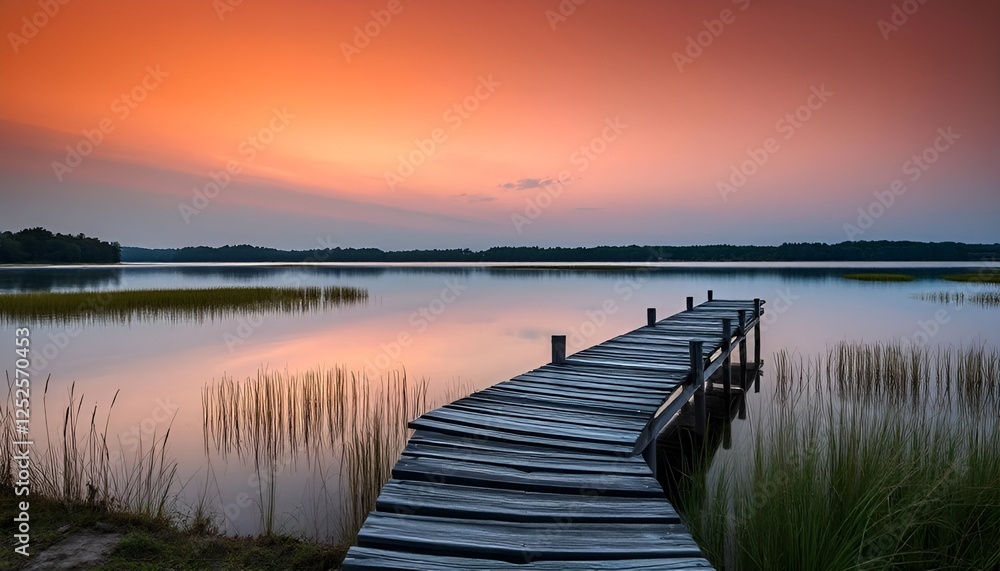 Fototapeta premium Sunset Over the lake and wooden old pier,