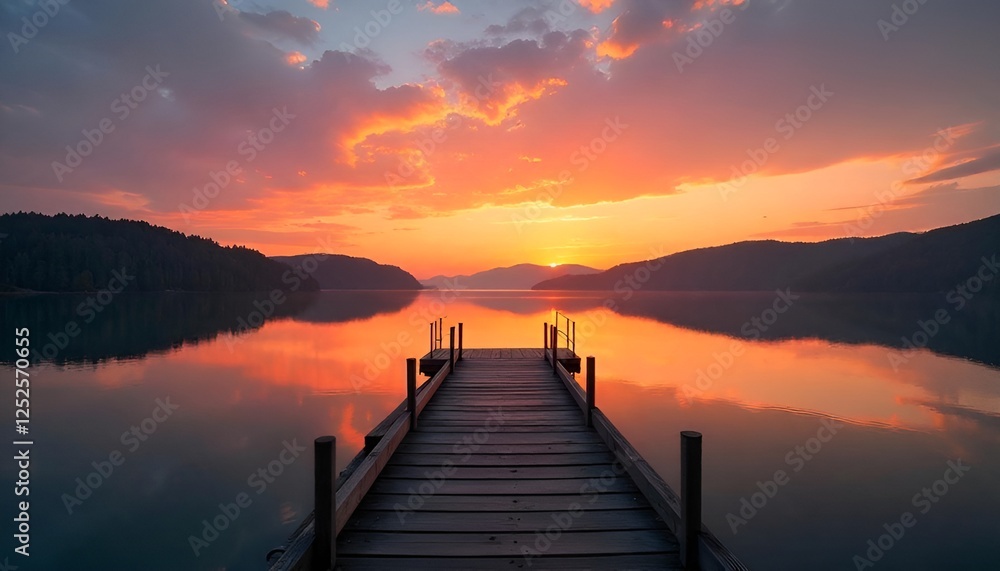 Naklejka premium Sunset Over the lake and wooden old pier,