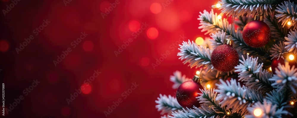 Icy festive tree lights dance on a crimson backdrop, ornaments, holiday decorations Icy festive tree lights dance on a crimson backdrop, ornaments, holiday decorations