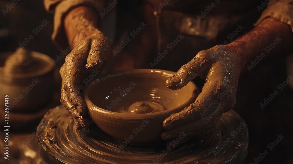 A close-up of hands shaping a clay bowl on a spinning wheel, capturing the art and precision of pottery-making in a calm, serene studio environment A close-up of hands shaping a clay bowl on a spinning wheel, capturing the art and precision of pottery-making in a calm, serene studio environment