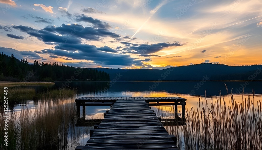 Fototapeta premium Sunset Over the lake and wooden old pier,