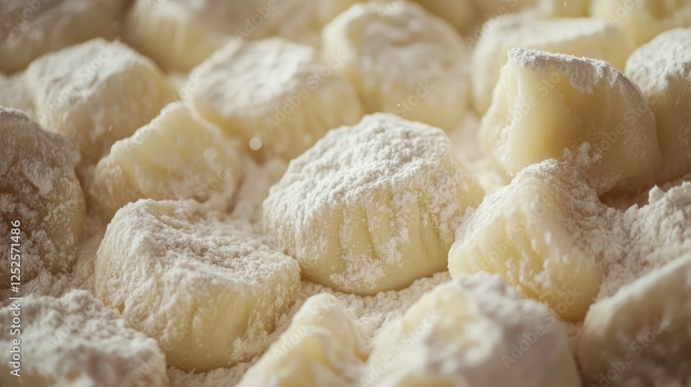 A close-up of homemade gnocchi, perfectly dusted with flour, ready for cooking, showcasing the delicious texture and craftsmanship of Italian cuisine A close-up of homemade gnocchi, perfectly dusted with flour, ready for cooking, showcasing the delicious texture and craftsmanship of Italian cuisine