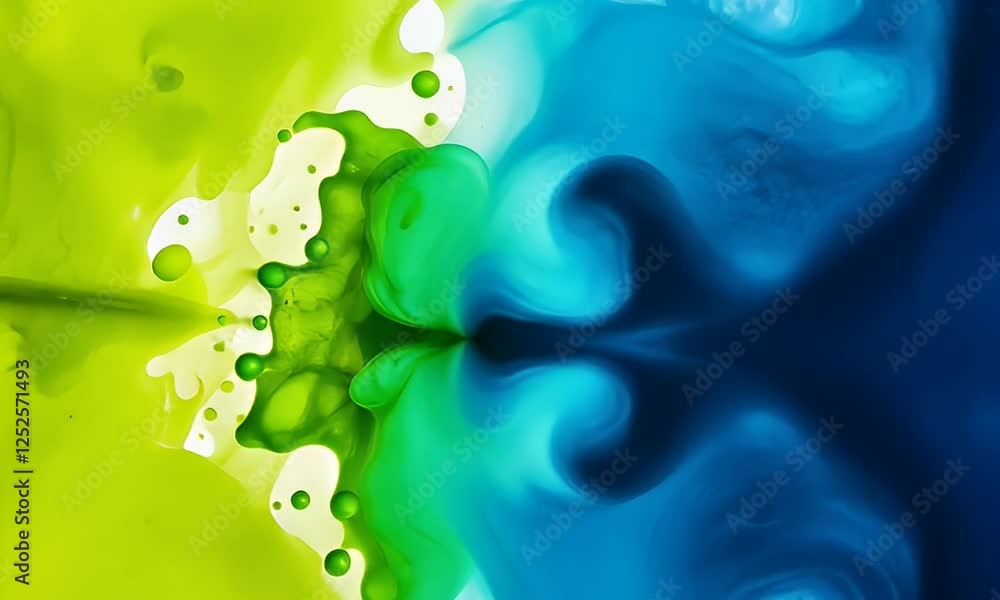Abstract vibrant color swirl, mixing green and blue liquids, white background, design element