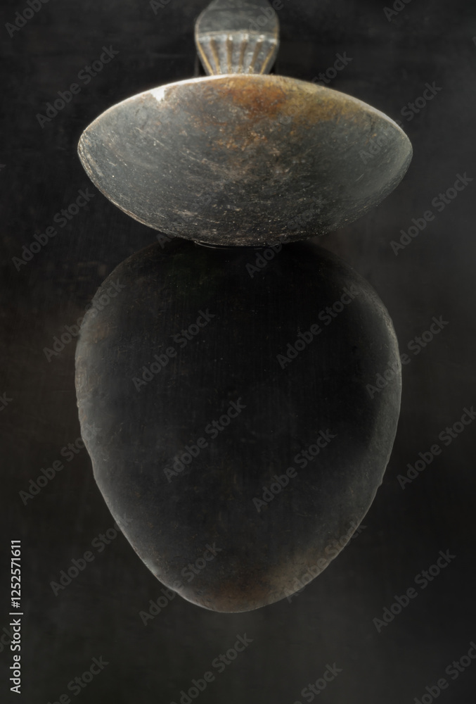 Reflection on a black surface of Old ancient worn vintage spoon in close up an oval is shaped like an egg. Curve details of Black metal vintage spoon in dark tone, Highlighting its texture and design.