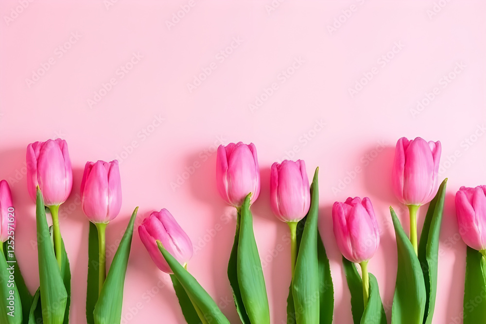 Beautiful composition spring flowers. Bouquet of pink tulips flowers on pastel pink background. Valentine's Day, Easter, Birthday, Happy Women's Day, Mother's Day. Flat lay, top view, copy space Beautiful composition spring flowers. Bouquet of pink tulips flowers on pastel pink background. Valentine's Day, Easter, Birthday, Happy Women's Day, Mother's Day. Flat lay, top view, copy space