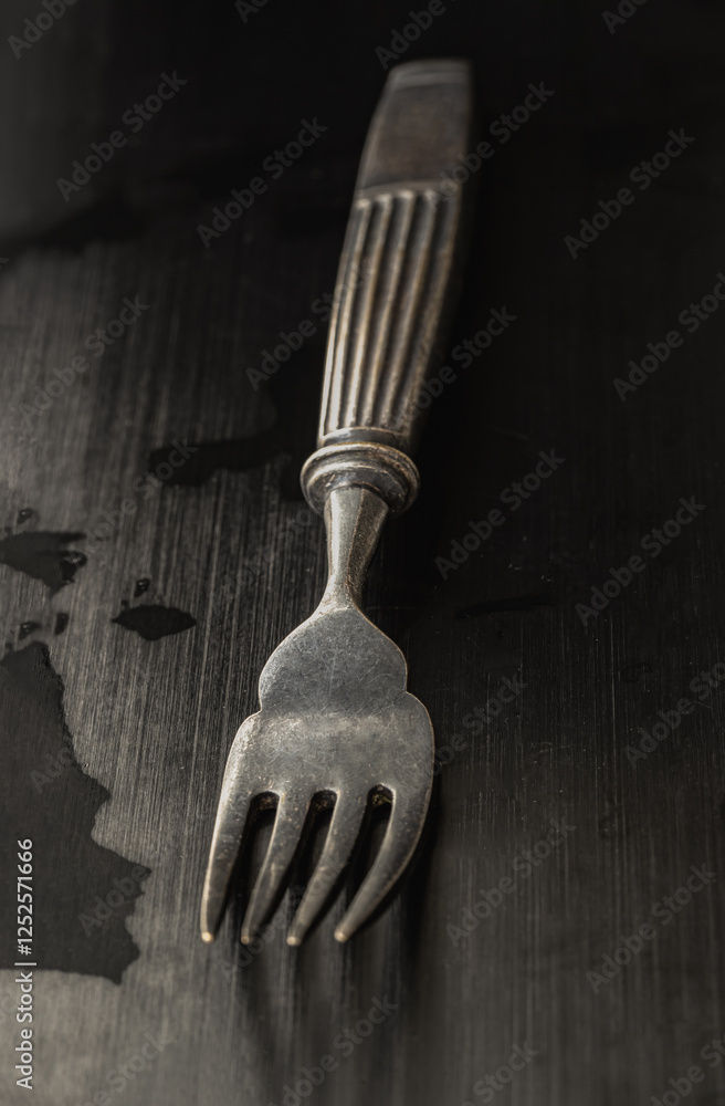 View of Black worn metal vintage fork in dark tone. Ancient vintage fork isolated on black background, Highlighting its texture and design, use it as your Space for text, Design, Wallpaper and Poster,