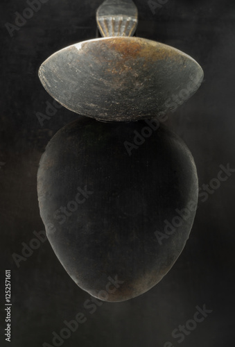 Obraz na płótnie Reflection on a black surface of Old ancient worn vintage spoon in close up an oval is shaped like an egg. Curve details of Black metal vintage spoon in dark tone, Highlighting its texture and design. w salonie