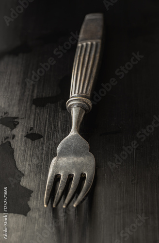 View of Black worn metal vintage fork in dark tone. Ancient vintage fork isolated on black background, Highlighting its texture and design, use it as your Space for text, Design, Wallpaper and Poster,
