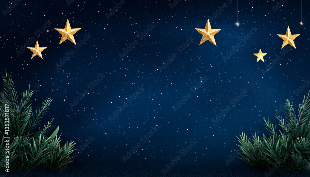 Fototapeta premium Starry night sky with hanging stars and green foliage