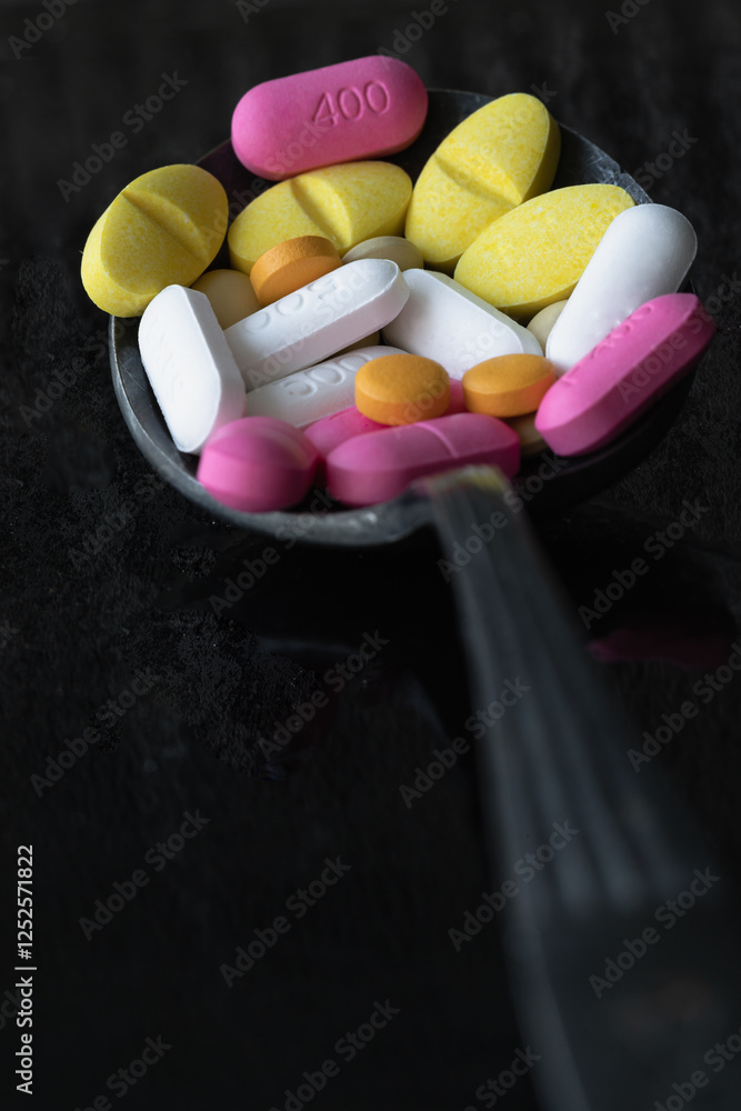 Perspective view of A lot of pills of different colors and shapes on Ancient vintage spoon isolated on black background. Concept of medication treatment and Health care, use it as your Space for text,