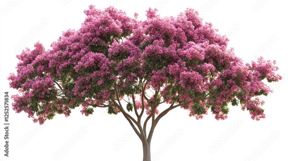 Pink flowering tree, isolated, spring bloom, white background, garden design Pink flowering tree, isolated, spring bloom, white background, garden design