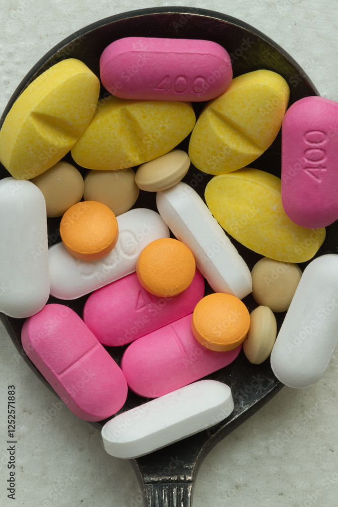 Top down view close up of A lot of pills of different colors and shapes stacked together on metal spoon with white background. Concept of medication treatment and Health care, Space for text.