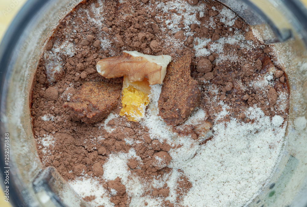 Top view of Coffee latte powder flavor with Cocoa powder and Cereal almond & Chia seed in close up. use it as your Space for text, Design, Wallpaper and Poster, Selective focus.