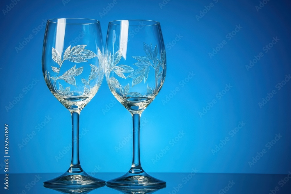 Two decorated wine glasses stand against a gradient blue background Two decorated wine glasses stand against a gradient blue background