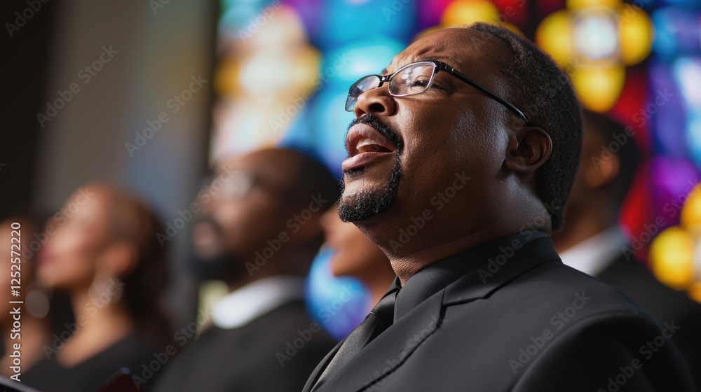 A man in a suit is singing in front of a group of people A man in a suit is singing in front of a group of people