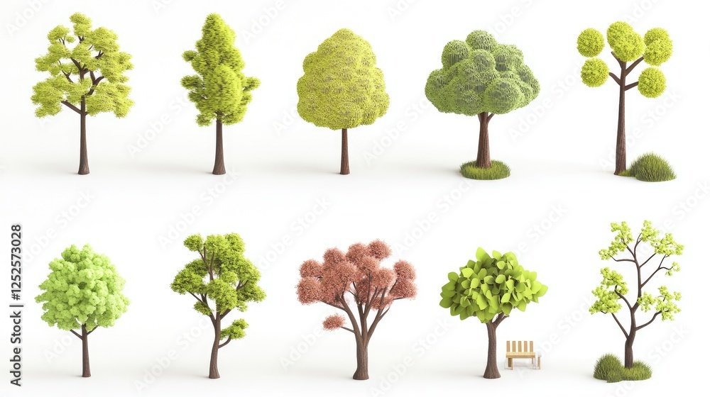 Fototapeta premium A collection of 3D cute tree models, each with unique designs, isolated on a clean white background, perfect for modern design concepts