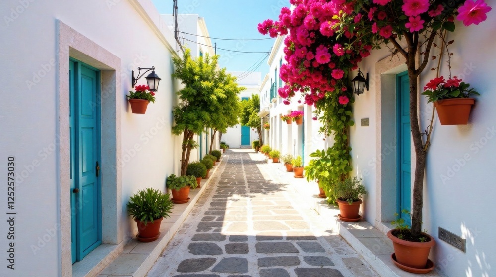 Sun-drenched alleyway with vibrant blossoms adorning whitewashed houses, terracotta pots overflowing with lush greenery, and teal doors adding a splash of color. Sun-drenched alleyway with vibrant blossoms adorning whitewashed houses, terracotta pots overflowing with lush greenery, and teal doors adding a splash of color.