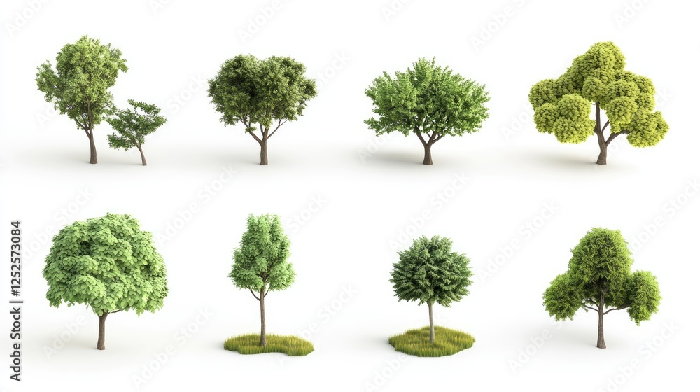 Fototapeta premium A collection of 3D cute tree models, each with unique designs, isolated on a clean white background, perfect for modern design concepts