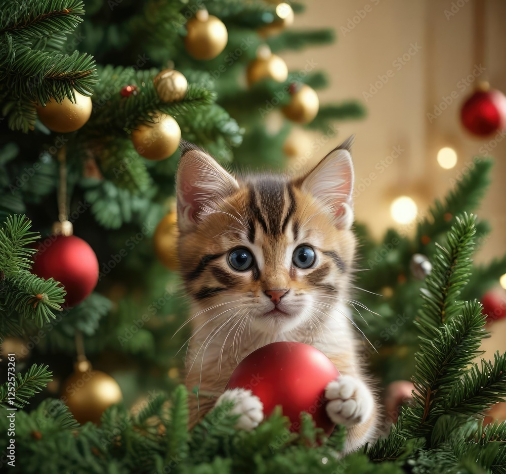 Kitten peeking out from behind Christmas tree branch with ball , colorful tree branch, merry christmas scene Kitten peeking out from behind Christmas tree branch with ball , colorful tree branch, merry christmas scene