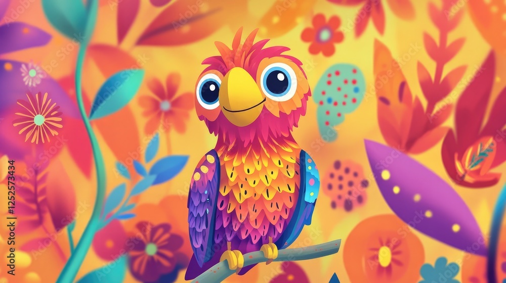 A colorful cartoon bird with a cheeky smile, set in a lively children's background full of vibrant colors and fun patterns A colorful cartoon bird with a cheeky smile, set in a lively children's background full of vibrant colors and fun patterns
