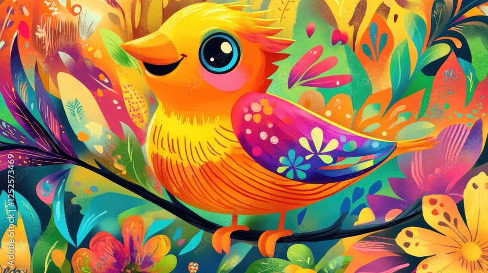 Obraz premium A colorful cartoon bird with a cheeky smile, set in a lively children's background full of vibrant colors and fun patterns