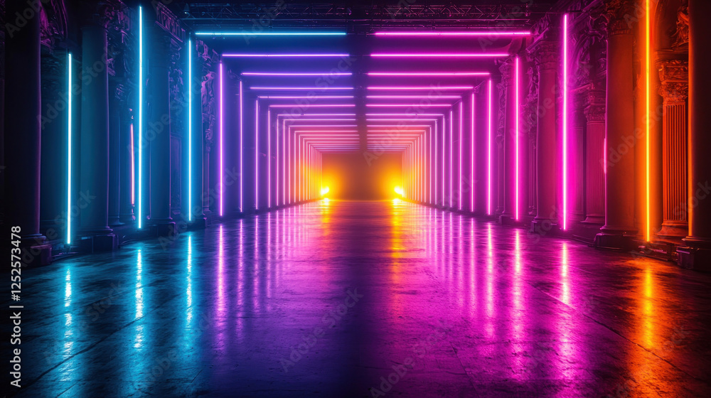 Neon lights illuminate a dark hallway with pillars, creating a vibrant, futuristic scene