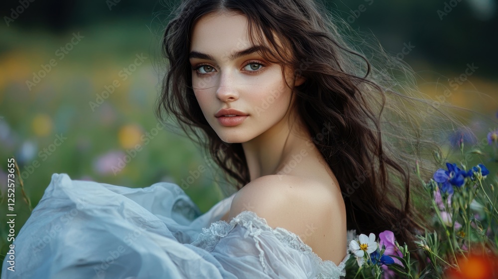 A woman with long brown hair is sitting in a field of flowers A woman with long brown hair is sitting in a field of flowers