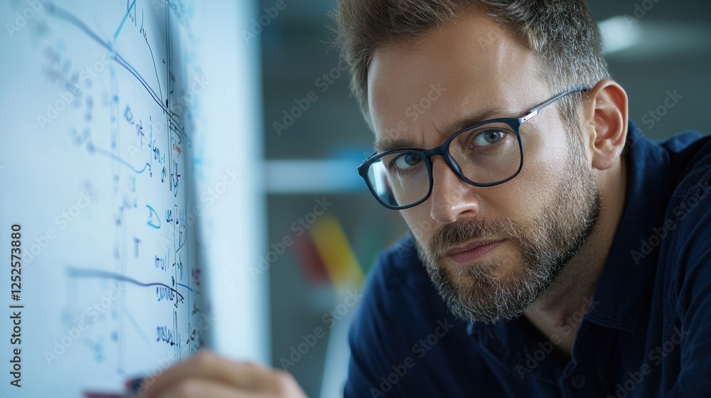 A man wearing glasses is looking at a white board with equations on it A man wearing glasses is looking at a white board with equations on it