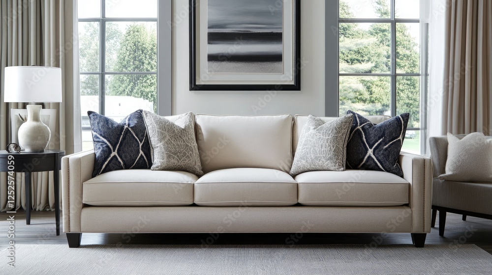 Fototapeta premium A contemporary living room featuring a modern sofa, complementing the elegant design with neutral tones and stylish furniture, creating a chic atmosphere