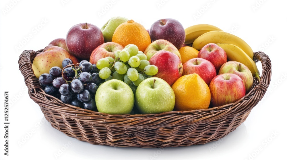 A wicker basket filled with colorful fruits like apples, bananas, and grapes. A wicker basket filled with colorful fruits like apples, bananas, and grapes.
