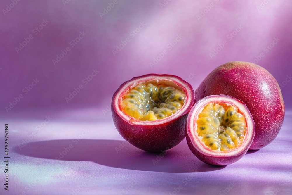 Passion fruit cut open with whole fruit on purple background Passion fruit cut open with whole fruit on purple background
