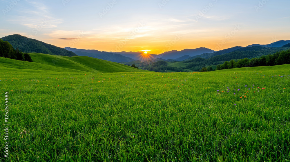 Obraz premium Rolling hills with green fields. serene landscape of rolling hills covered in lush green grass at sunset