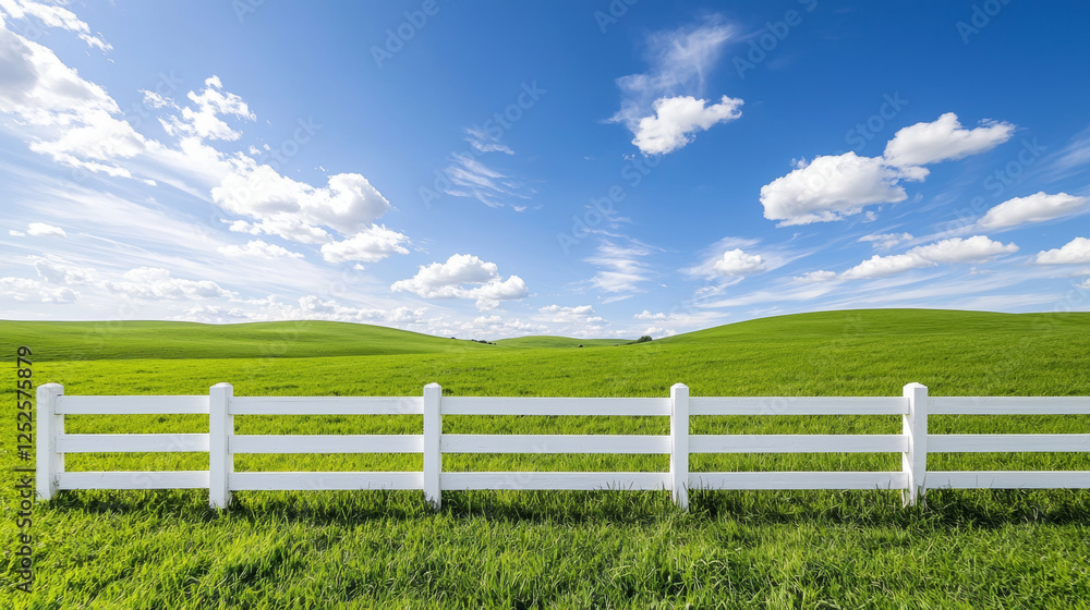 Rolling hills with green fields. serene landscape featuring rolling green hills under bright blue sky Rolling hills with green fields. serene landscape featuring rolling green hills under bright blue sky
