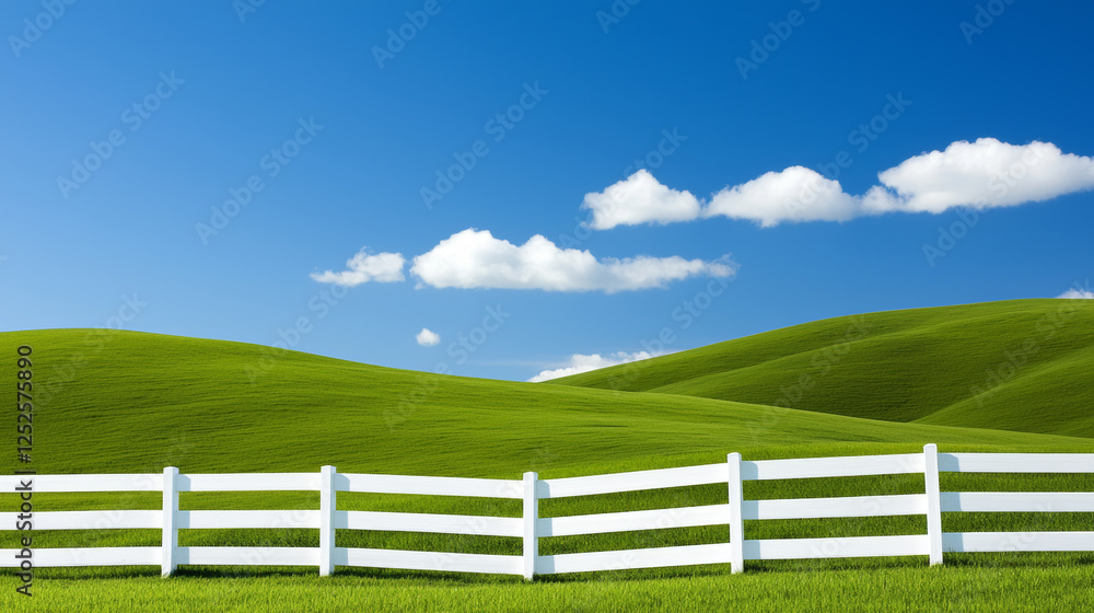 Rolling hills with green fields. Vibrant green hills under clear blue sky with fluffy clouds and white fence Rolling hills with green fields. Vibrant green hills under clear blue sky with fluffy clouds and white fence