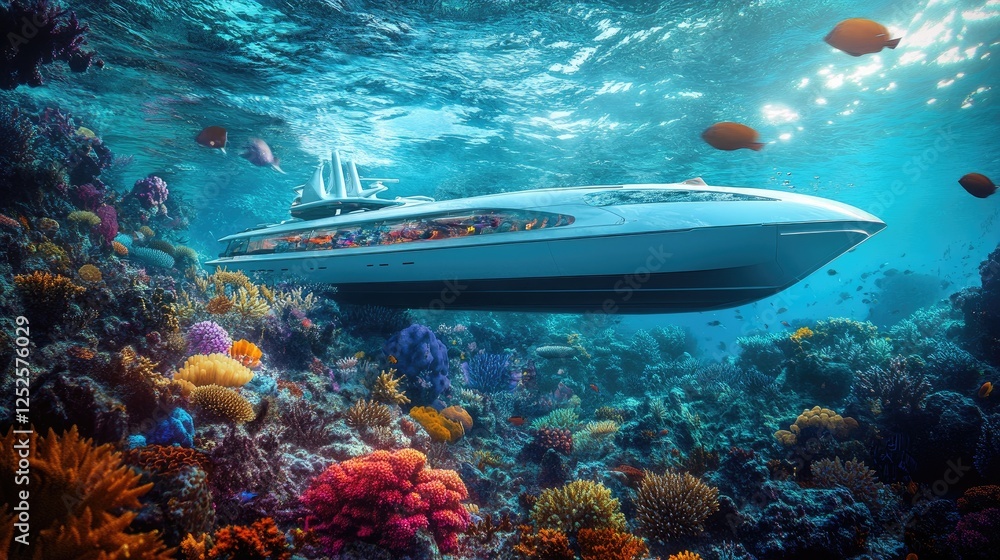 Fototapeta premium A cutting-edge underwater vessel exploring a thriving coral reef, capturing the vibrancy and diversity of marine life in its natural habitat