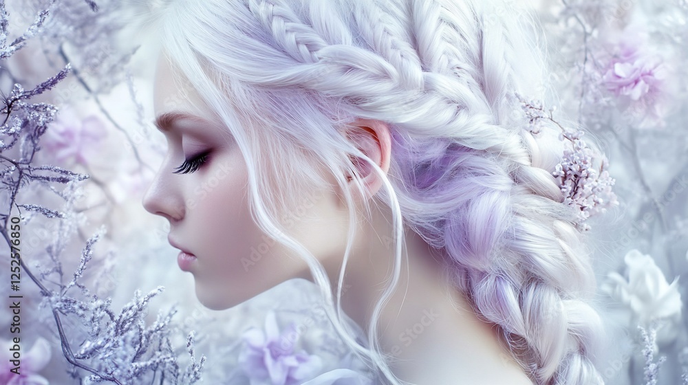Enchanted Lavender Locks: A Fairytale Portrait of a Woman with Braided Hair Amidst Delicate Flowers Enchanted Lavender Locks: A Fairytale Portrait of a Woman with Braided Hair Amidst Delicate Flowers