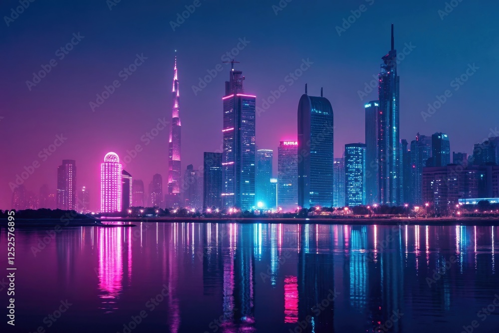 Obraz premium Neon-lit cityscape at night with glowing pink and blue skyscrapers reflecting off a still body of water, neon, pink