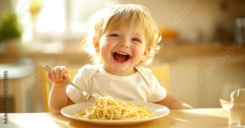 Cute little kid boy eating spaghetti bolognese or pasta macaroni bolognese at home. Happy child eating fresh cooked healthy meal with noodles. Generative Ai.