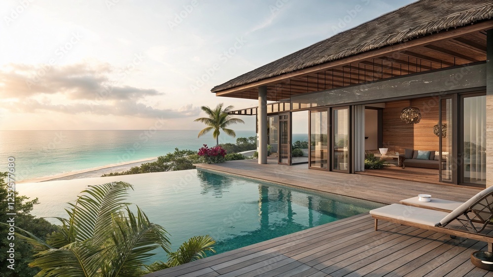 Fototapeta premium Luxury beachfront villa with infinity pool and stunning ocean views, surrounded by tropical greenery 