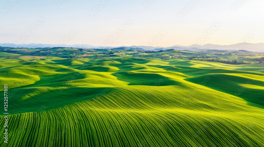 Rolling hills with green fields. Lush green rolling hills under clear sky create serene landscape Rolling hills with green fields. Lush green rolling hills under clear sky create serene landscape