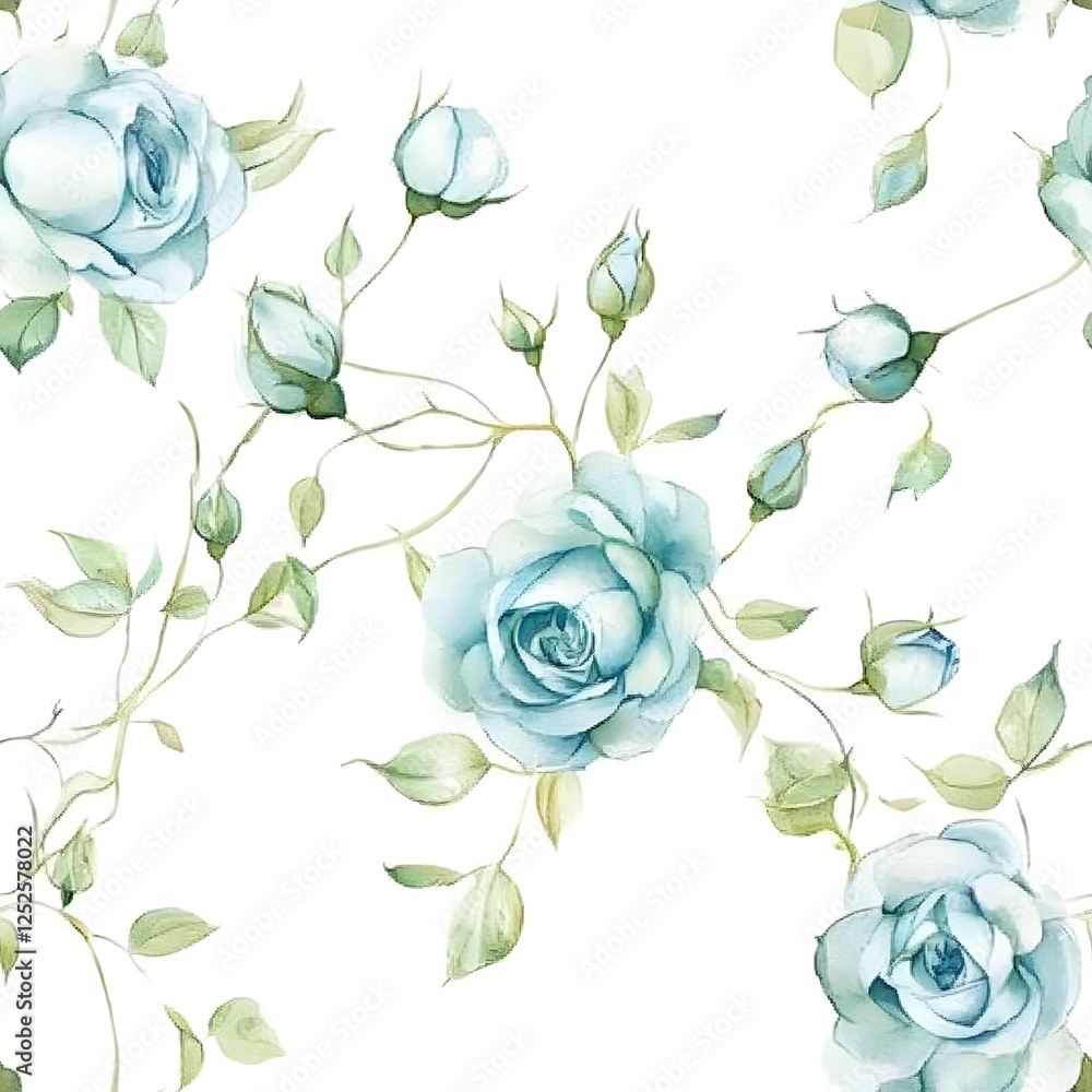 Obraz premium Seamless pattern of delicate watercolor roses in shades of blue and chartreuse