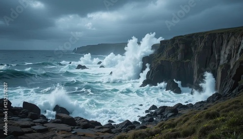A stormy coastline with massive waves crashing against rugged cliffs, sea spray rising into the air under dark swirling clouds.
