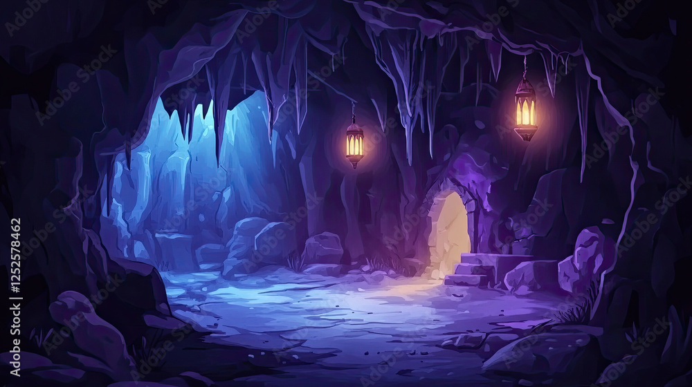 Fototapeta premium Two Lanterns Illuminating a Dark Cave with Blue and Orange Light